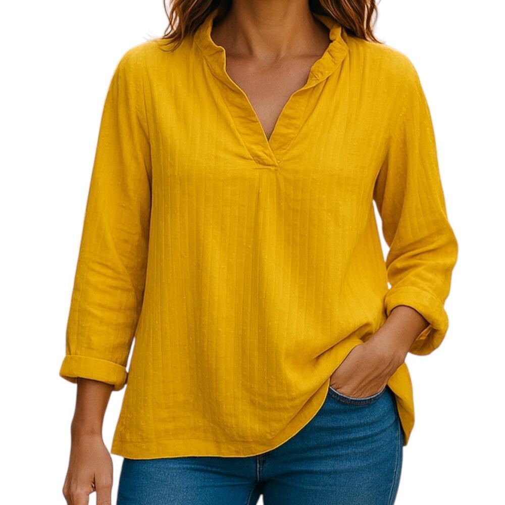 Crown & Ivy Sz L Gold Ruffle Neckline Lined Bodice Long Sleeve NWT